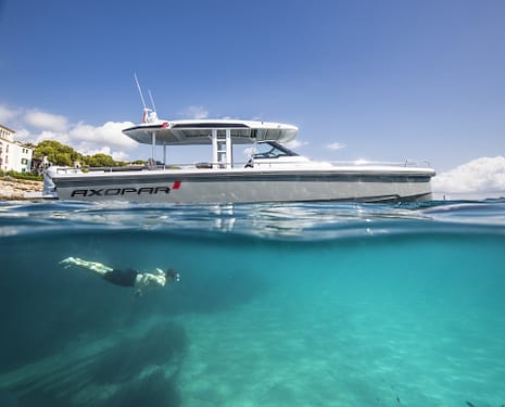 Axopar 37 hull underwater view showing twin-stepped design